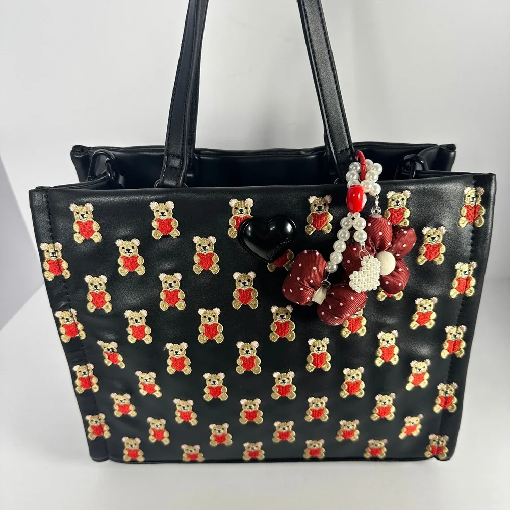 Betsey Johnson Tote Bag Women Black Embroidered Teddy Bear Heart Crossbody